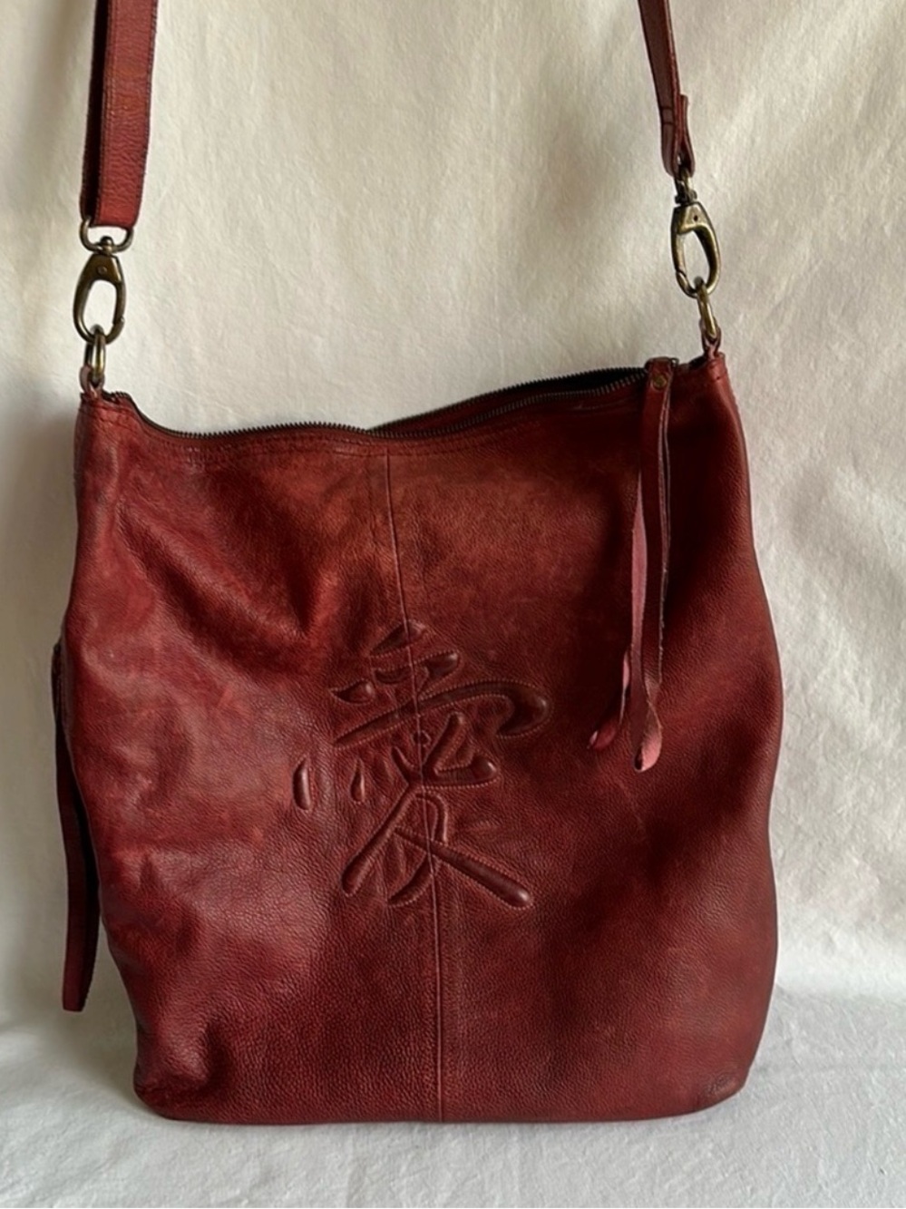 Embossed Red Leather Hobo Shoulder Bag